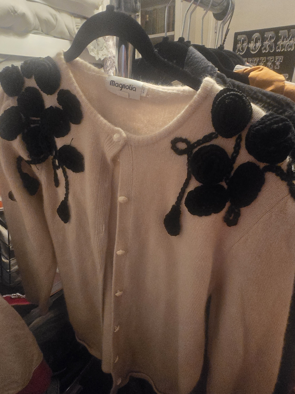 Magnolia Cream Cardigan with Black Floral Appliqué